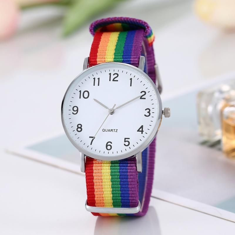 Heißer Verkauf Regenbogen Farbe Ultra-dünne Canvas Strap 12 Zahlen Klassische Einfache Männer Und Frauen Student Prüfung Casual Uhr_voghion.com
