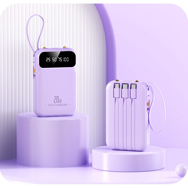 Banco de energia portátil ultrafino de 20.000 mAh com cabos integrados e lanterna LED, mini bateria externa para iPhone e Android_voghion.com