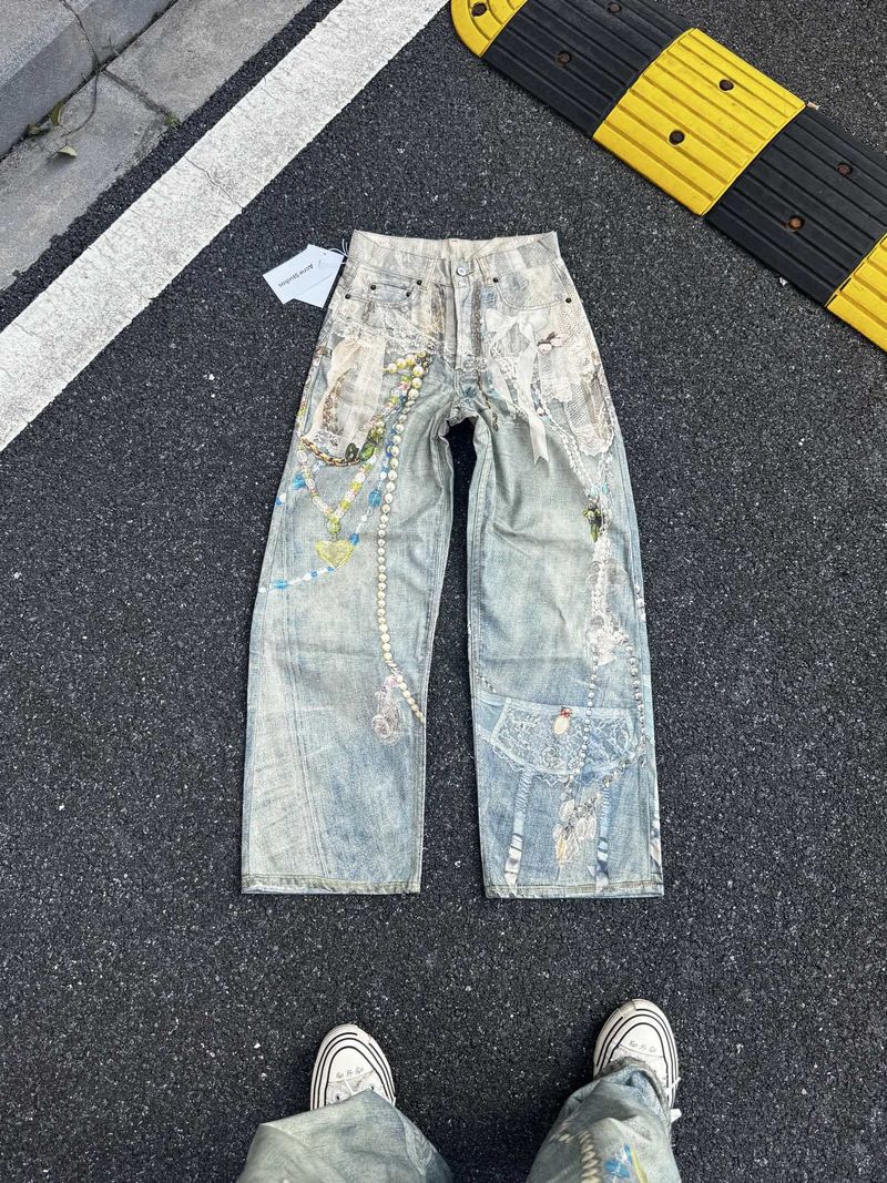 Dantel ve İnci Zincirli, Düşük Bel, Geniş Paça Erkek Kot Pantolon - 3D Baskılı Çiçekli Kot Pantolon, Günlük Kıyafetler İçin Hip-Hop Sokak Giyimi_voghion.com