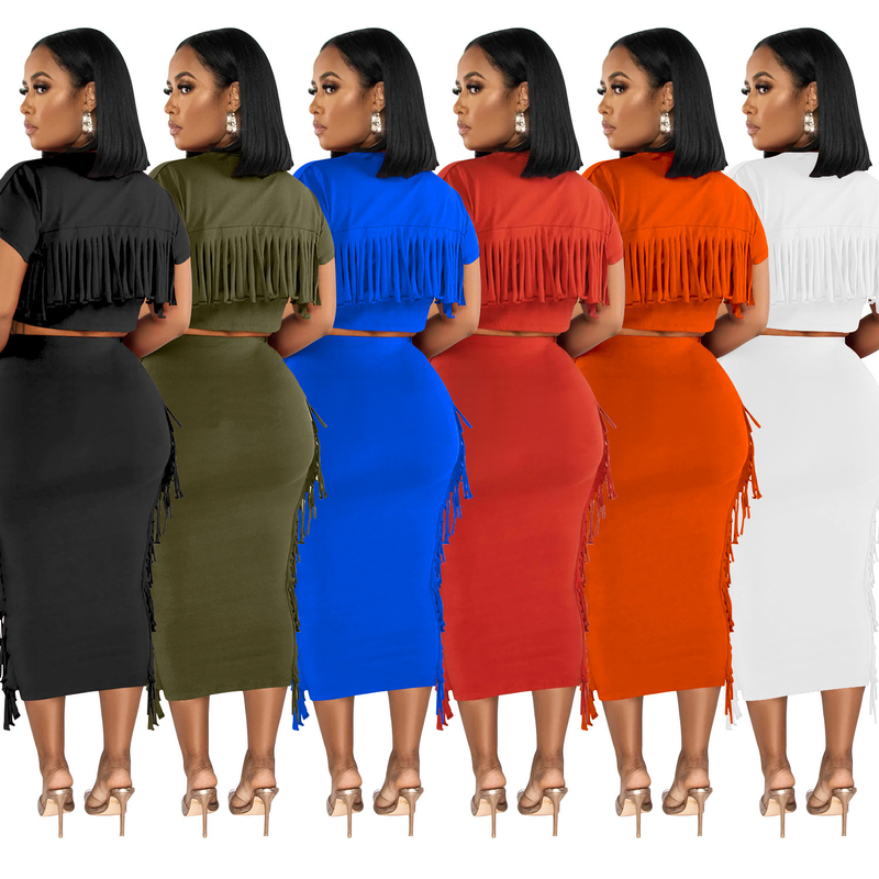 X6331 Ensemble deux pièces pour femme, robe longue à manches courtes et col rond, couleur unie, avec pompons_voghion.com