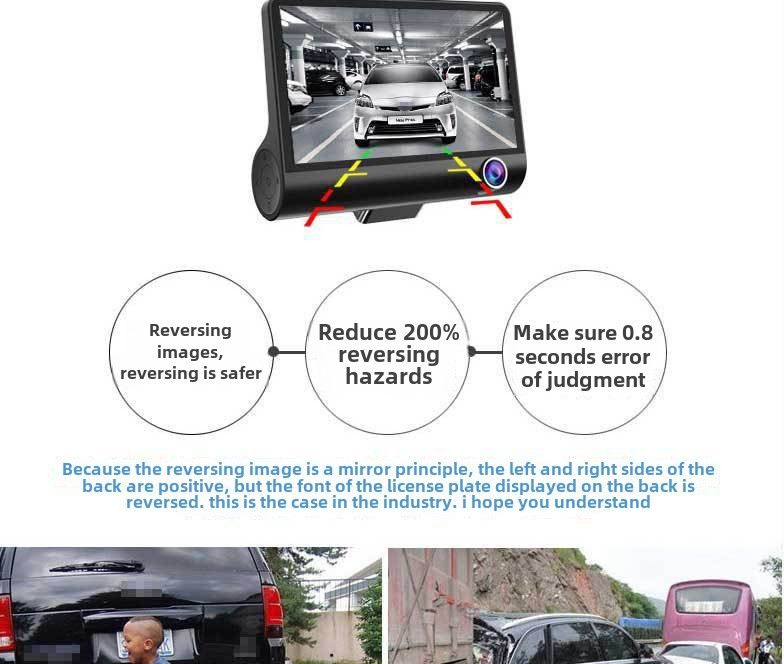 Drei-Wege-Fahrtenrekorder mit drei Objektiven. Gleichzeitig nimmt das vorausfahrende Auto hochauflösende Weitwinkel-Rückfahrbilder mit Nachtsicht auf._voghion.com