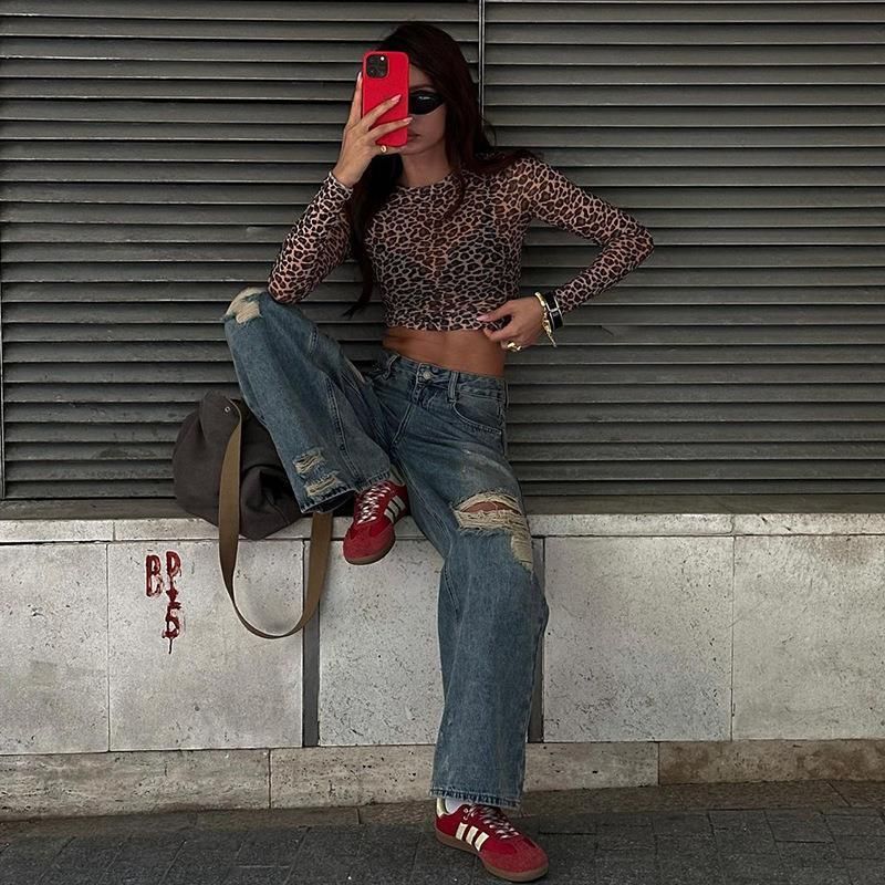 Maglietta estiva da donna con scollo rotondo, stampa leopardata, maniche lunghe e trasparenti in rete_voghion.com