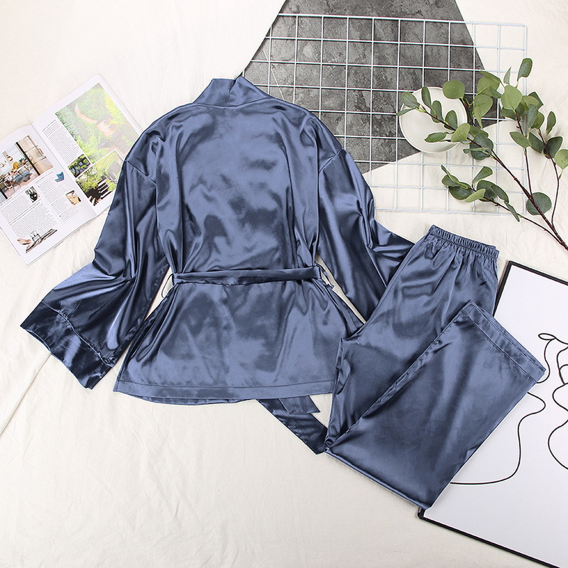 Cardigã de cetim feminino com renda, camisola e pijama de cor sólida, conjunto solto para casa_voghion.com