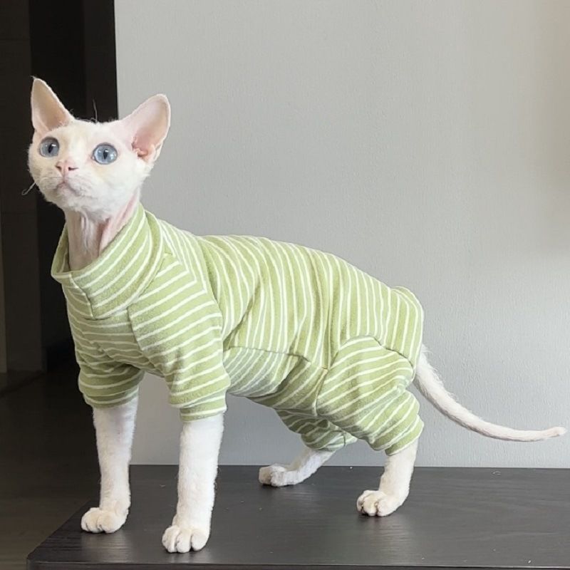 Sphynx-Kleidung, haarlose Katze, vierbeiniger Bauchschutz, warme Kleidung, deutscher Samt, bequem, verdickt, gestreift_voghion.com