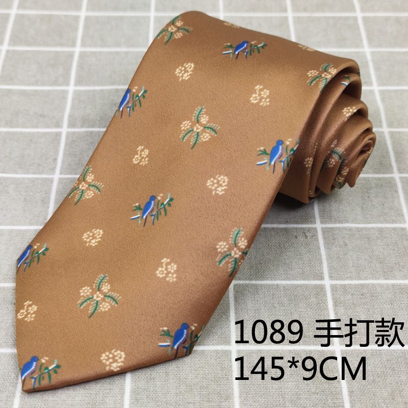 Set di cravatte fatte a mano senza ago, tessuto con stampa di uccelli e picchi color giallo terroso, camicia coordinata alla moda, ampia uniforme_voghion.com