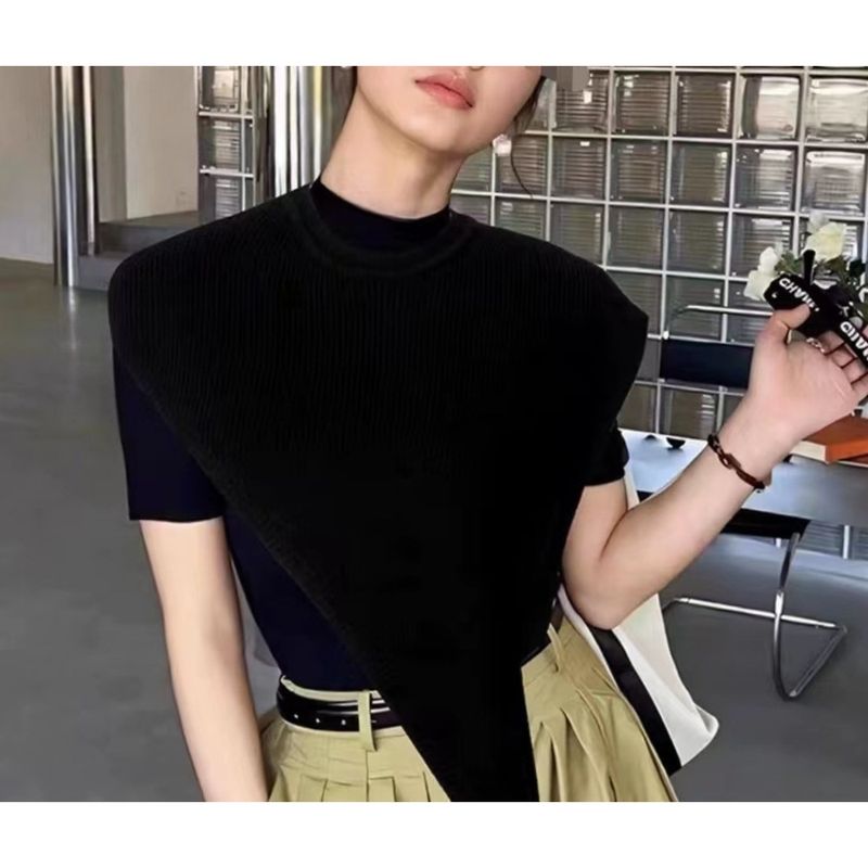 Dreieckiger, asymmetrischer Schal/Weste/Oberbekleidung, gestrickt, hochwertig, mehrlagiges Banddesign, schlicht, einfarbig, zweifarbig, Damen_voghion.com