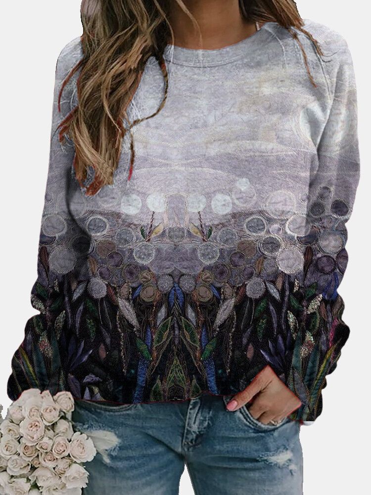 Felpa con cappuccio a maniche lunghe con stampa floreale e paesaggio da donna 2022_voghion.com