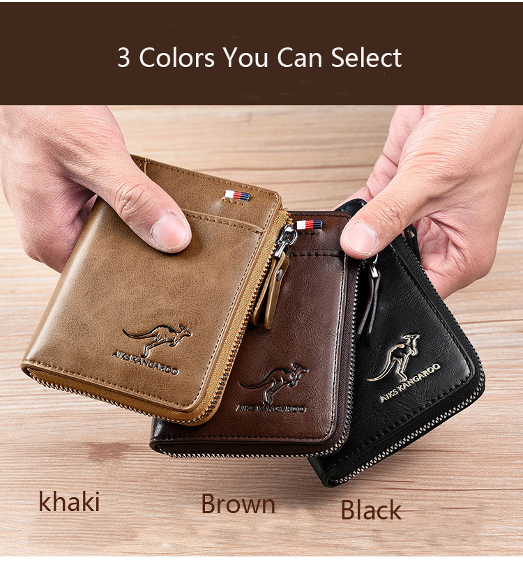 Kangaroo Wallet Men's RFID Blocking PU Leather Wallet with Zipper Multi Business Credit Card Holder Purse High Quality_voghion.com