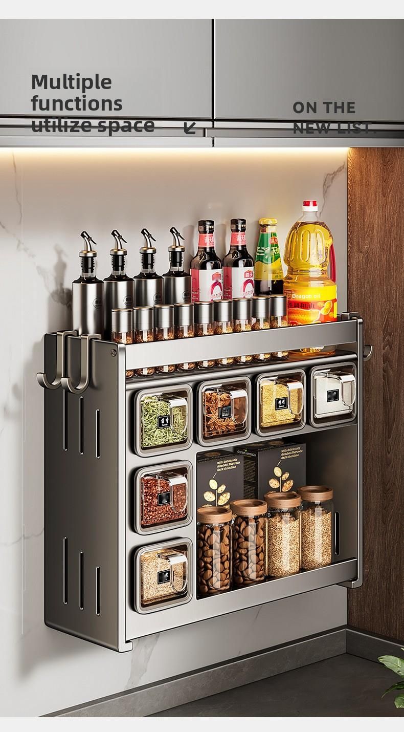 Home Kitchen Spice Rack Multi-Functional No-Drill Wall-Mounted Seasoning Storage Box_voghion.com
