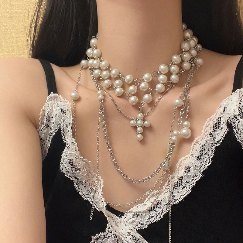 Trendy Cool Pearl Cross Layered Tassel Necklace For Women, Light Luxury Elegant Temperament Clavicle Choker High-end_voghion.com