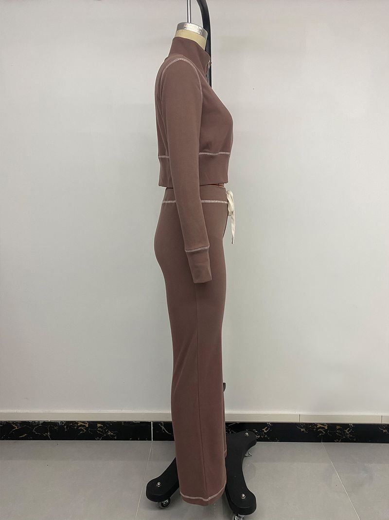 Damen Cropped Track Set - Lounge-Zweiteiler aus geripptem Samt für den Streetwear-Stil (Mokka, S-XL)_voghion.com