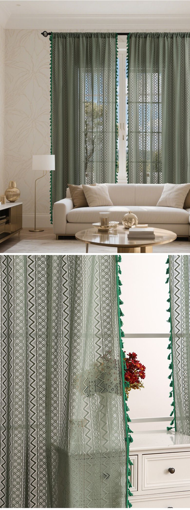 Modern Sheer Curtains For Living Room & Bedroom - Light Filtering Polyester, Eyelet Design, 140x160/200/260cm (Green, Beige)_voghion.com