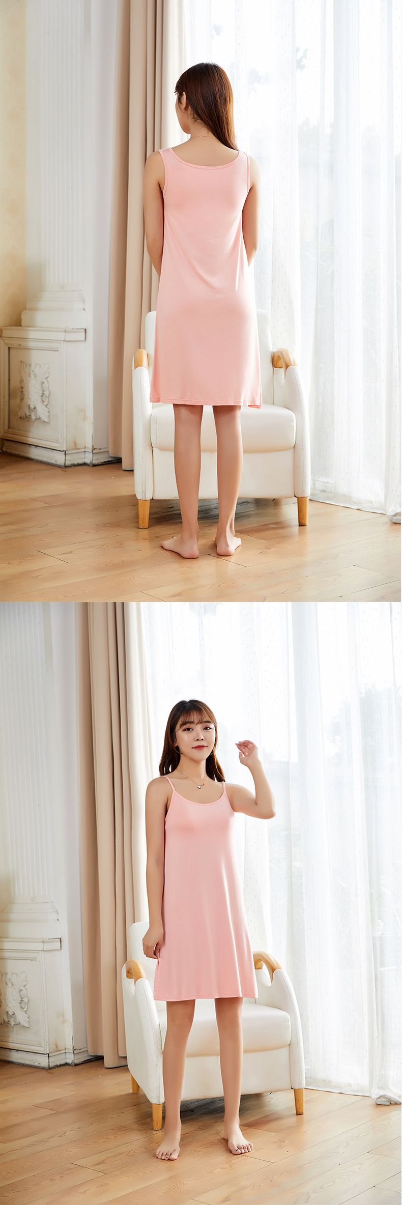 Vêtements de nuit d'été avec coussinet de poitrine pour femme, soutien-gorge intégré, taille moyenne et longue, pour la plage, les loisirs, la maison, le sommeil, bretelles_voghion.com
