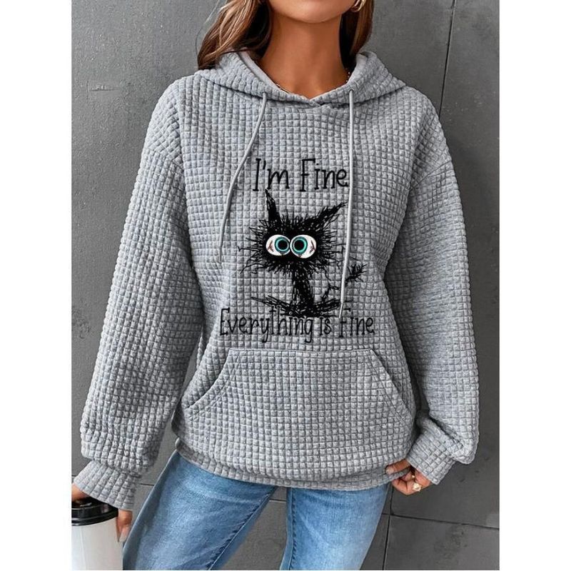 Felpa con cappuccio da donna a nido d'ape con stampa patchwork a maniche lunghe, comoda e casual, autunno 2023_voghion.com