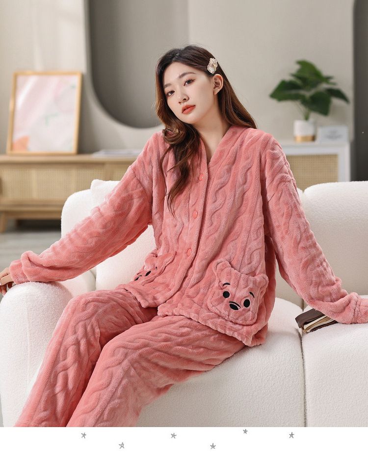 Pigiama da donna Bear, autunno e inverno, a maniche lunghe, in pile spesso e caldo, set da salotto_voghion.com