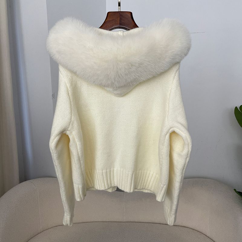 Cardigan oversize con cappuccio in maglia da donna - Morbido misto angora, cerniera frontale, maniche lunghe comode, abbigliamento casual da casa in stile coreano_voghion.com