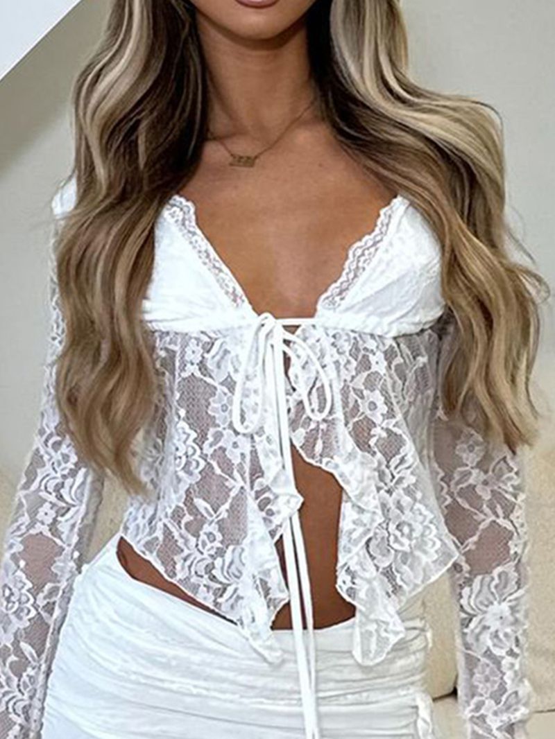 Cardigan a maniche lunghe in pizzo traforato per donna - Top aperto sul davanti con dettagli annodati e ricami floreali_voghion.com