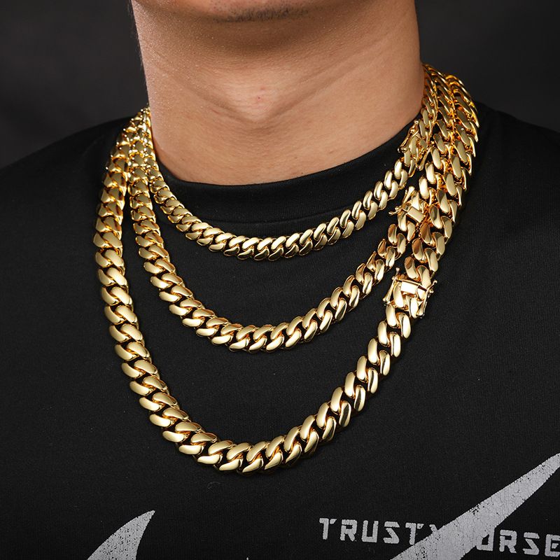 Men's Jewelry 10/12/14/16/18/20/22mm Width Smooth Large Cuban Chain Copper Plated Real Gold Butterfly Buckle Necklace_voghion.com