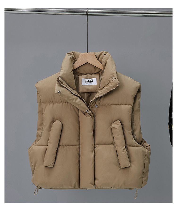 Doudoune sans manches matelassée légère pour femme, col montant, fermeture éclair et poches multiples (noir, kaki, beige)_voghion.com