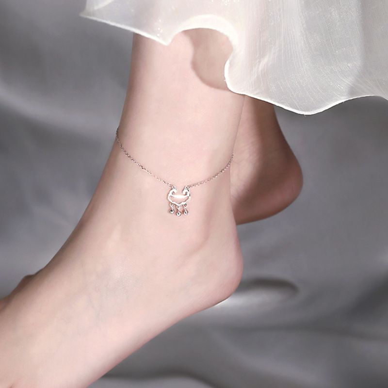 Cavigliera con campanella e nappa in stile coreano e giapponese, in argento, con lucchetto a lunga durata, per donne, semplice e elegante, Internet_voghion.com