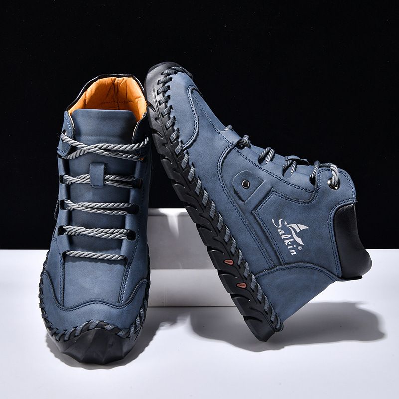 Plus Size Color Block Leather Men's Fashion Hand-Stitched Ankle Boots Flat Lace-Up Casual_voghion.com