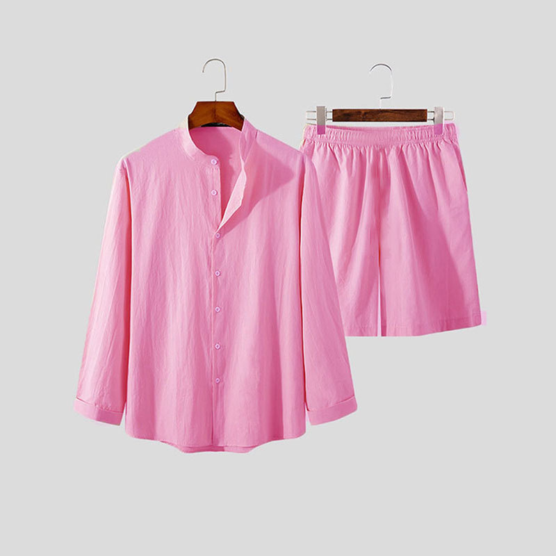 Ensemble chemise et short hawaïen ample à manches longues pour hommes, couleur unie, nouvelle collection printemps 2024, deux pièces_voghion.com