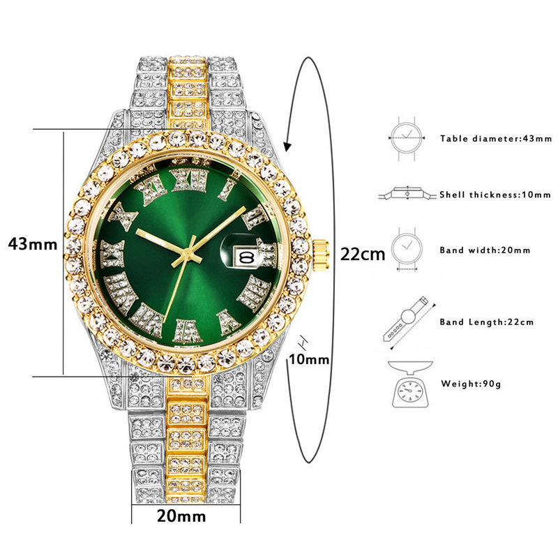 Nieuwe Europese en Amerikaanse Water Ghost Grote Water Diamant Ingelegde Romeinse Schaal Kalender Hip Hop Heren Gouden Horloge Vol Diamanten Horloge_voghion.com