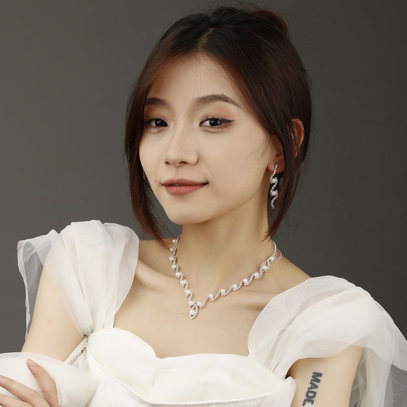Set di gioielli da sposa per donna - Collana e orecchini in argento sterling con perle e diamanti (completo di gioielli da sposa)_voghion.com