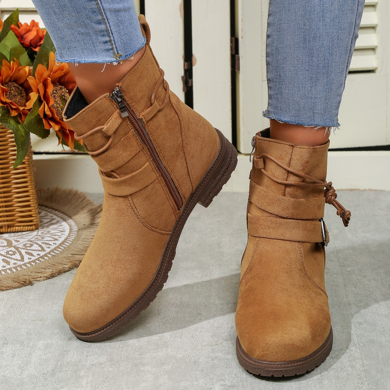 Short Booted Women's 2023 Autumn/winter New Round Head Martin Boots Side Zipper Belt Buckle Women's Boots_voghion.com