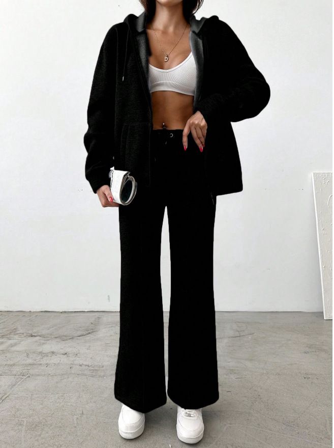 Completo da donna con felpa con cappuccio e pantaloni a gamba larga - Tuta casual oversize in nero/grigio (S-XXL)_voghion.com