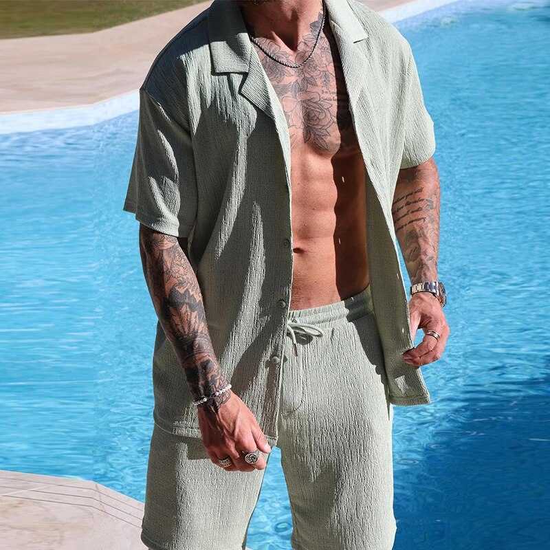 Camicie con risvolto vintage a maniche corte Camicie da uomo in due pezzi stile spiaggia estivo Camicie e pantaloncini in tinta unita adatti agli uomini_voghion.com