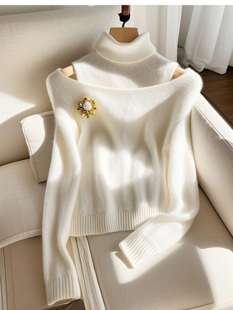 Women's Clothing High End And Beautiful White Turtleneck Sweater For Women Winter Soft And Lazy Style Inner Wear Base Knitted Top_voghion.com