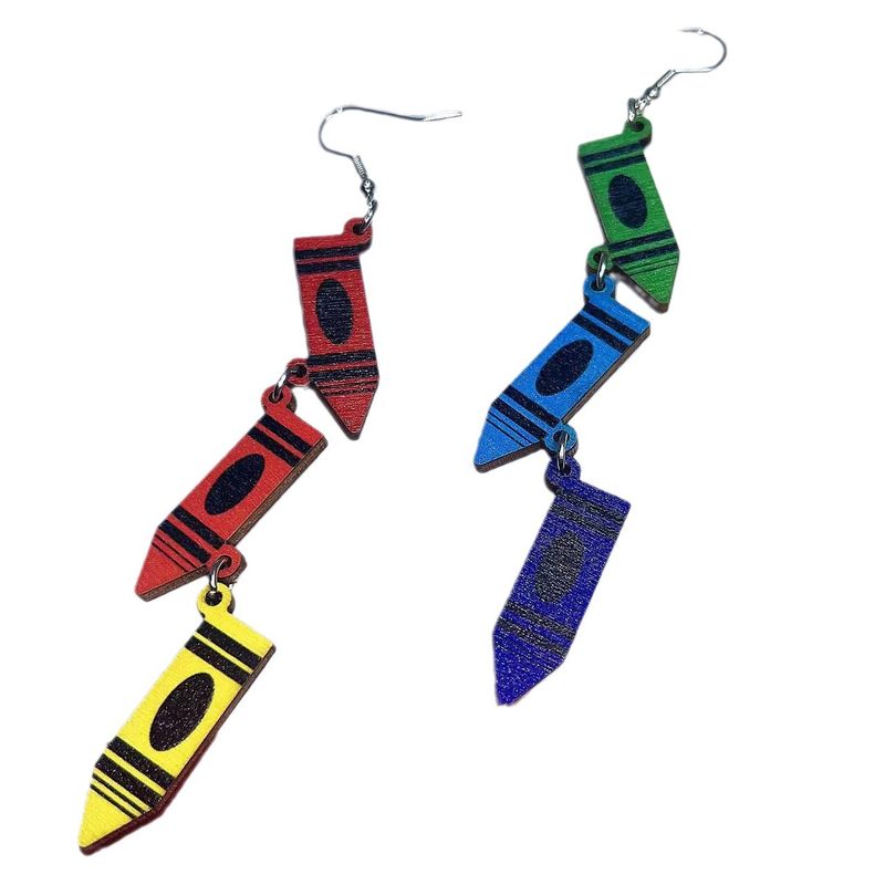 Pendentif crayon coloré personnalisé, cadeau pour enseignant, boucles d'oreilles à pompon en bois double face arc-en-ciel_voghion.com