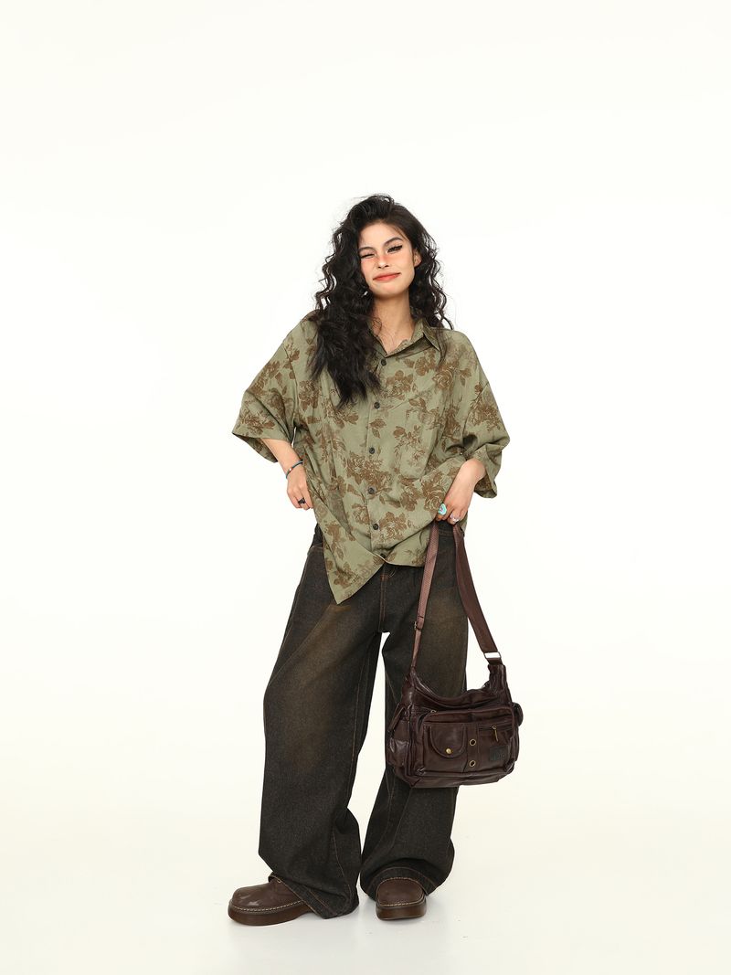 Camicia estiva ampia e alla moda in stile americano, a maniche corte, stile vintage floreale, stile Wild Azi, per donna_voghion.com
