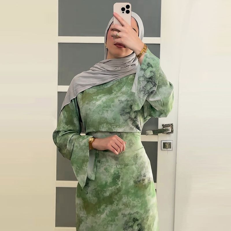 Damenbekleidung Damenkleid mit Blumendruck – Elegantes Langarm-Midikleid mit Fliege, Büro- und Freizeitkleidung (Grün, Gelb, S/M/L/XL)_voghion.com