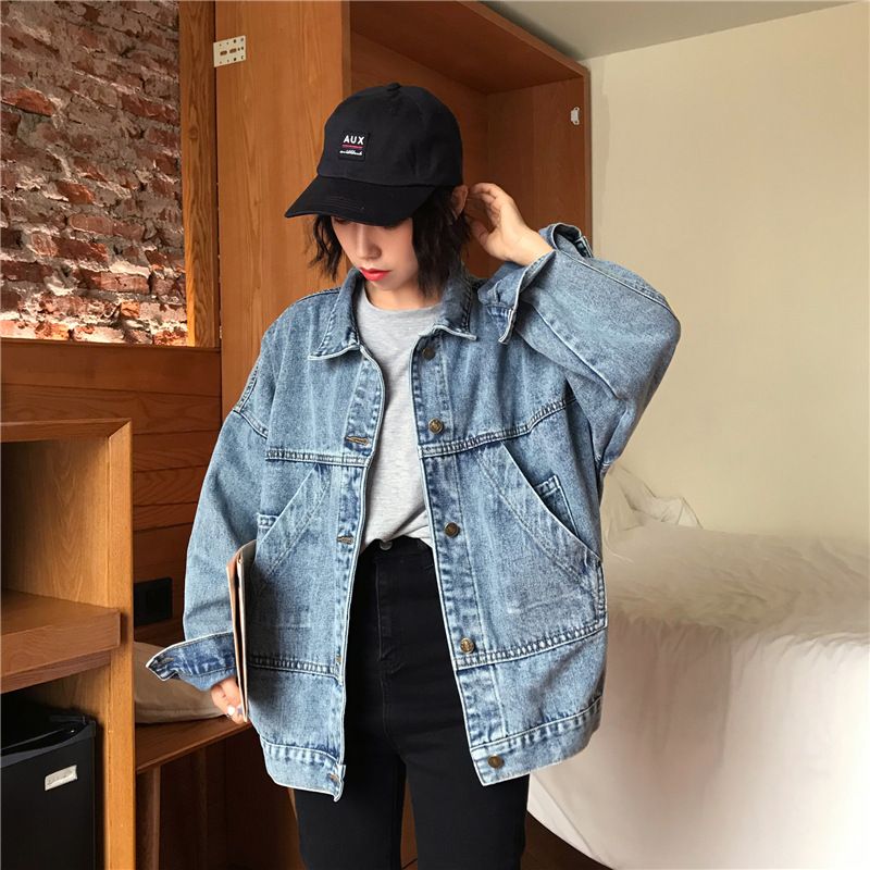 Giacca di jeans vintage da donna, cappotto casual oversize con collo alto, camicetta ampia a maniche lunghe, moda autunno inverno retrò chic_voghion.com