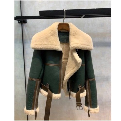 Abbigliamento da donna Inverno Nuovo Verde Splicing Grande Risvolto Motociclista Vestiti Donna Spessa Pelliccia Corta Giacca di Pecora Shearling_voghion.com