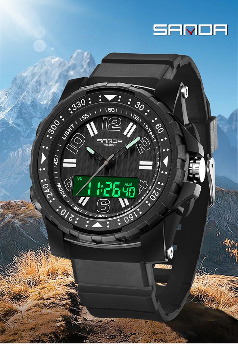 Elegante reloj digital de doble pantalla con luz nocturna y resistente al agua: reloj multifuncional para estudiantes, para hombres y mujeres. Reloj electrónico de doble pantalla._voghion.com