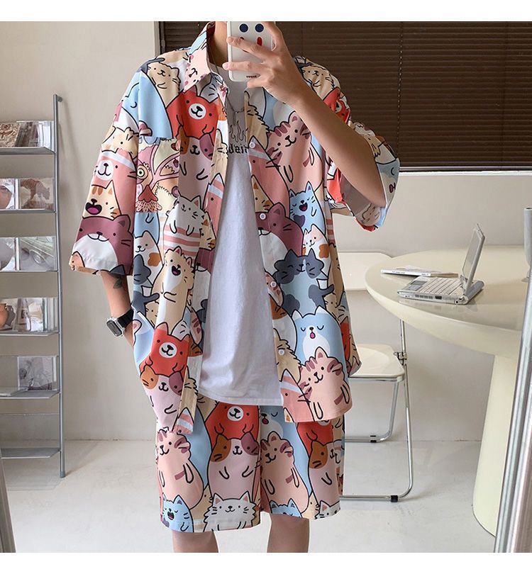Herre Hawaii seaside strand feriedress herre løs pluss størrelse par trendy kortermet blomsterskjorte tilfeldig todelt sett_voghion.com