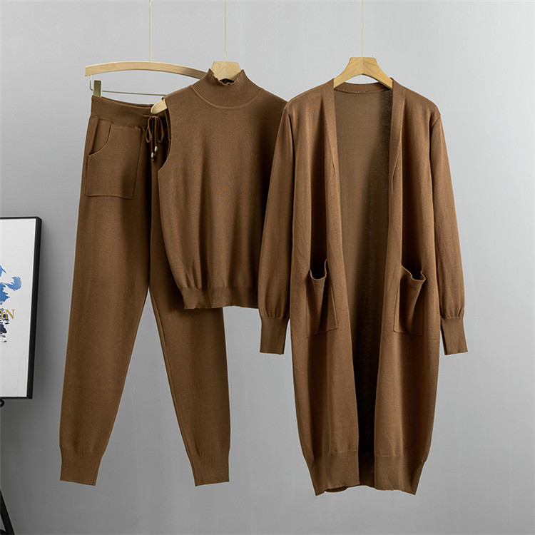 Fashionable Temperament Suit For Women; Casual Knitted Cardigan Vest And Trousers Three-piece Set._voghion.com