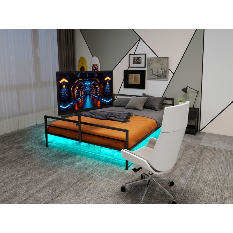 Schwarzes Gaming-Bett Mit Verstellbarer Halterung, LED-Beleuchtung und Unterbett-Aufbewahrungskörben. Großes Metallbett Mit Einer Länge Von 206 Cm._voghion.com
