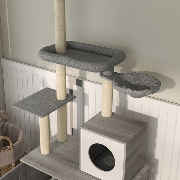 PawHut Cat Tree With Litter Box Enclosure, 2 In 1 Floor To Ceiling Cat Tower Litter Box Furniture With Condo, Bed, Hammock, Scratching Posts, And Pl_voghion.com