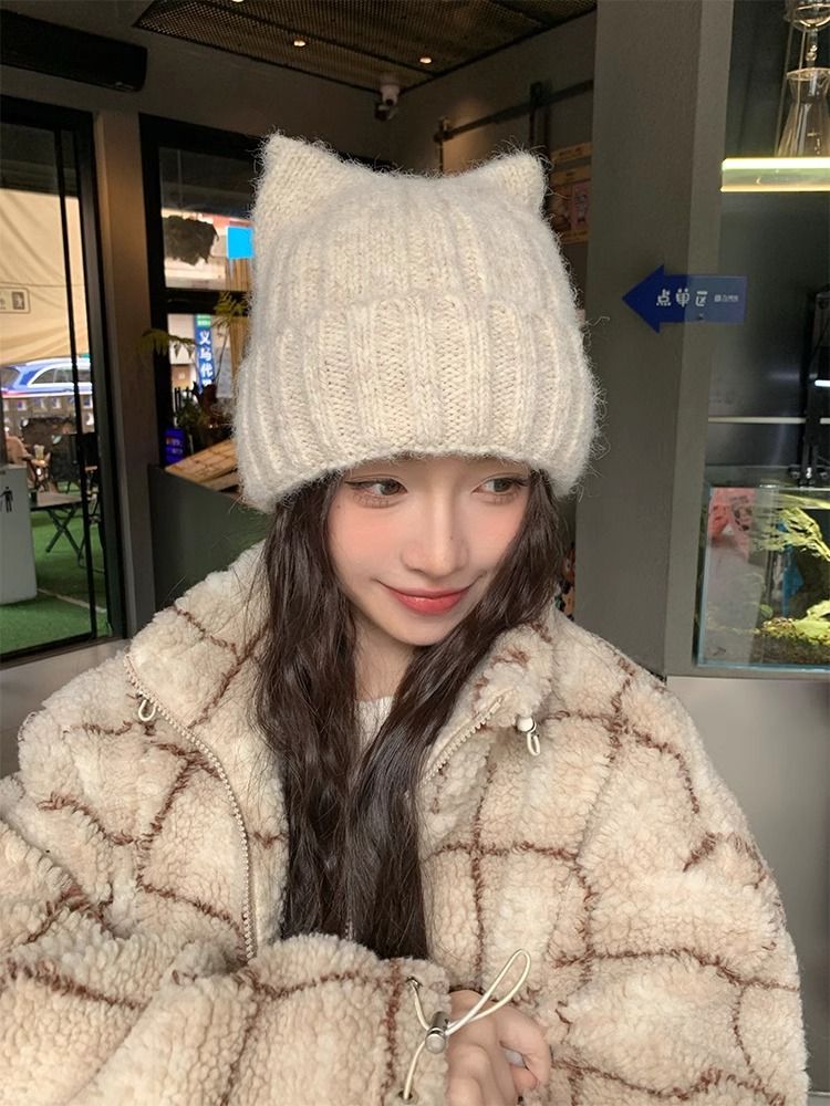 Cat Ear Knitted For Women, Autumn And Winter New Japanese Style Warm Cute Knit Hat, Korean Version Thickened Versatile_voghion.com
