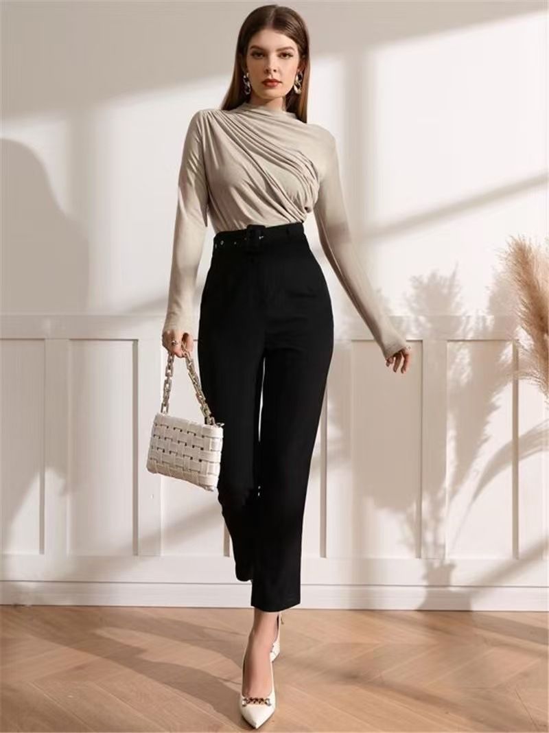 2025 Autumn And Winter New Design, Pleated Versatile Long Sleeved T-shirt, Women's Solid Color Top_voghion.com