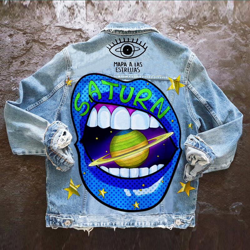 Kappa Långärmad Lapel Arbetskläder Tryckt jeansjacka Ny stil_voghion.com