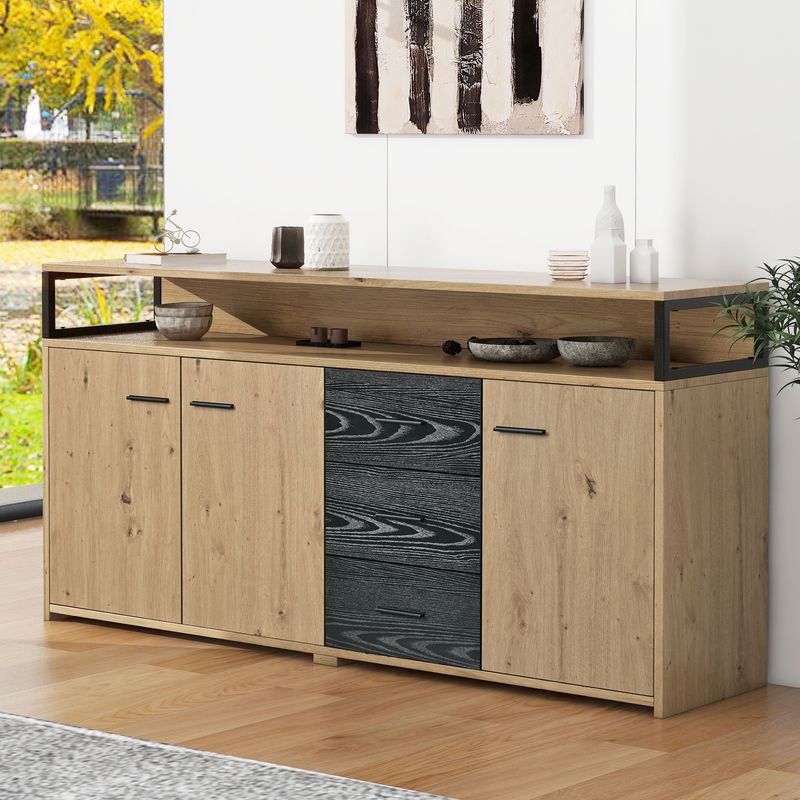 Buffet industriel trois portes et trois tiroirs, meuble de rangement multifonctionnel avec poignées en métal, armoire de cuisine, meuble de rangement pour chambre, salon et bureau, 150 x 35 x 75,9 cm_voghion.com