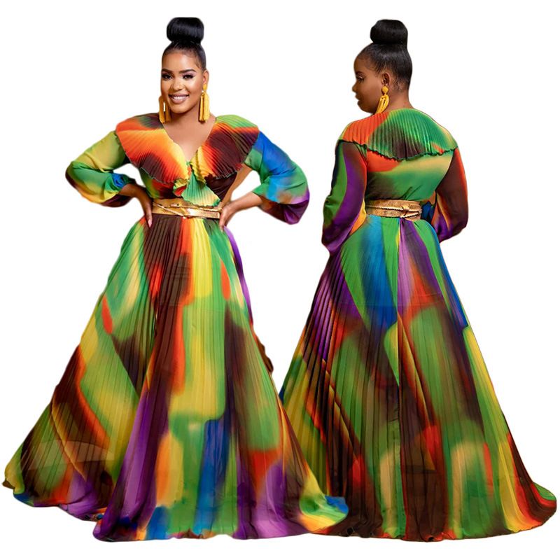 Damenbekleidung Sexy V-Ausschnitt Bubble Langarm Bedrucktes Taillentemperamentkleid_voghion.com