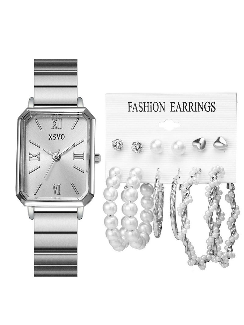 Women's Watches Fashion Strip Nail Mixed Scale Bamboo Joint Steel Belt Women's Quartz Watch + Earring Set 13pcs_voghion.com