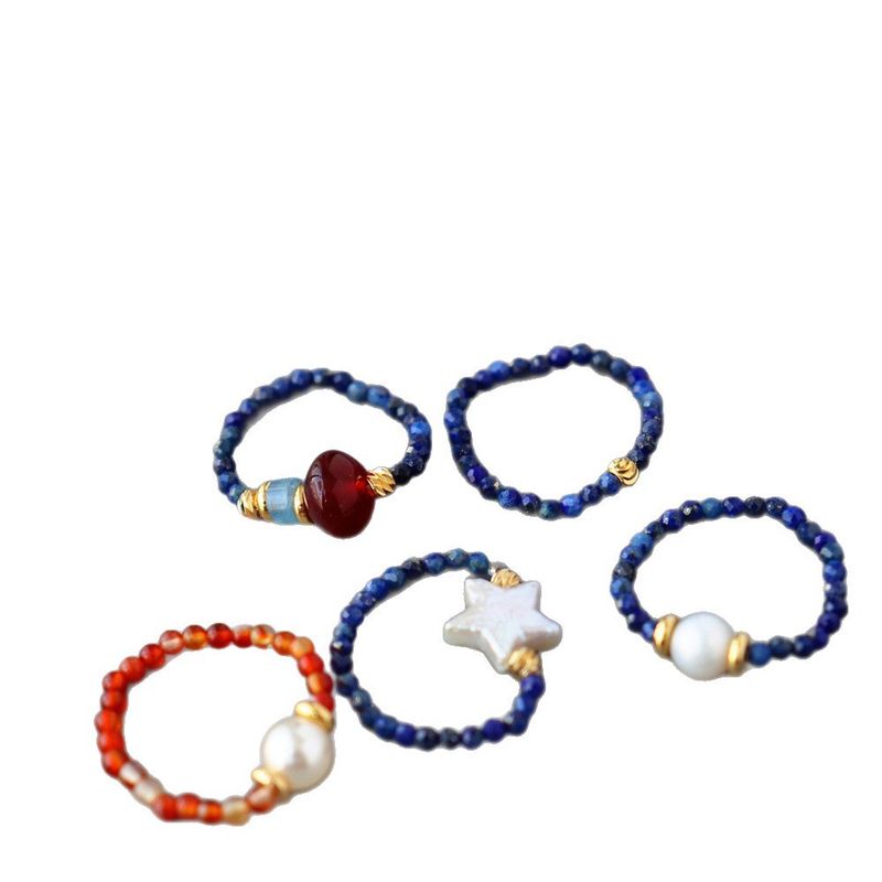 New Chinese Style Elastic Lapis Lazuli Ring Natural Star Pearl Agate Personality Trendy Women_voghion.com