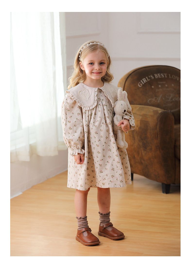 Mutter & Kinder Koreanische version revers gedruckt spitze mädchen kleid 2024 herbst neue langarm süße kinder prinzessin kleid reine baumwolle_voghion.com